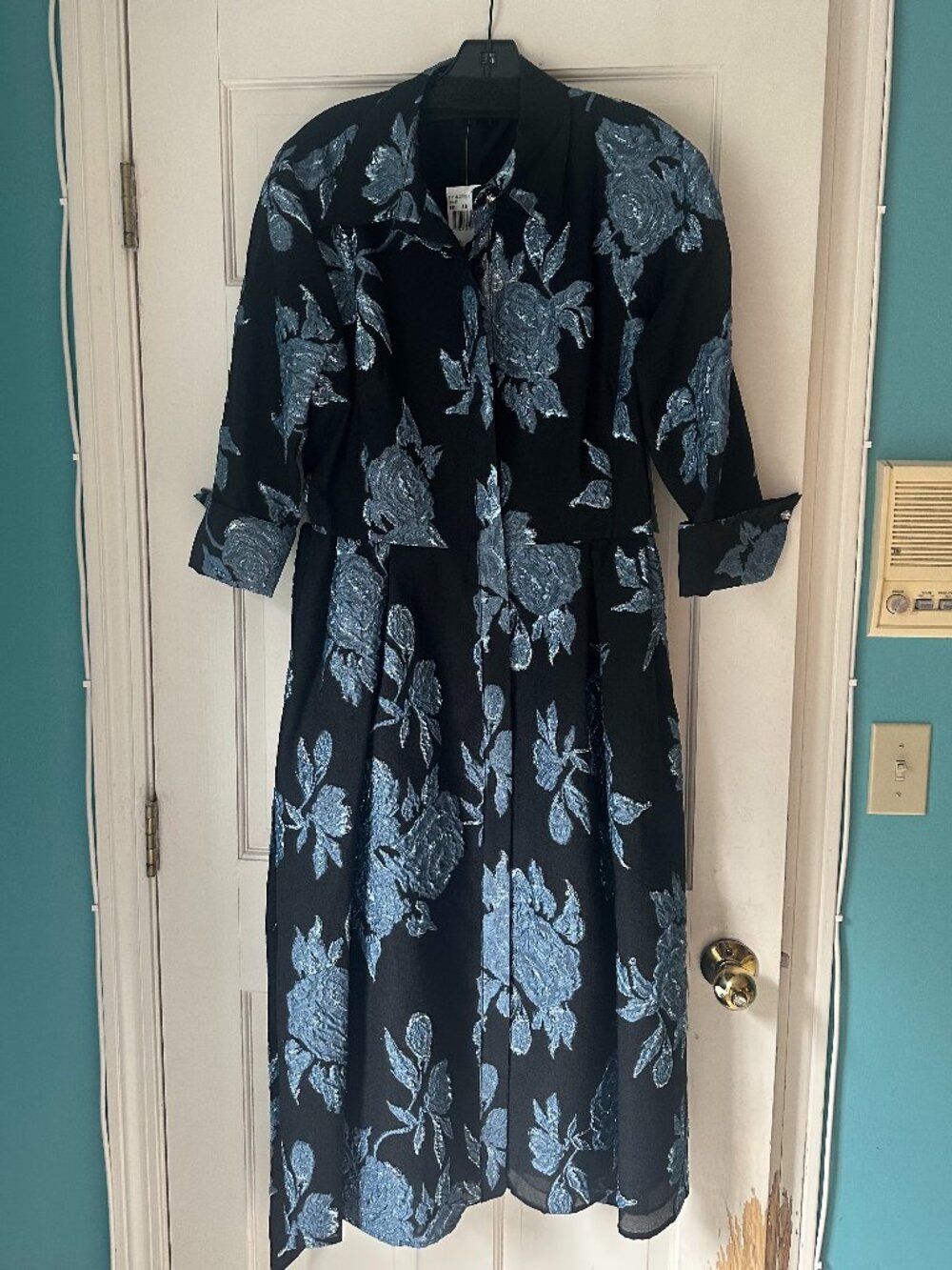 Teri Jon 207275 Metallic Floral Jacquard Shirtdress Size 16 NWT